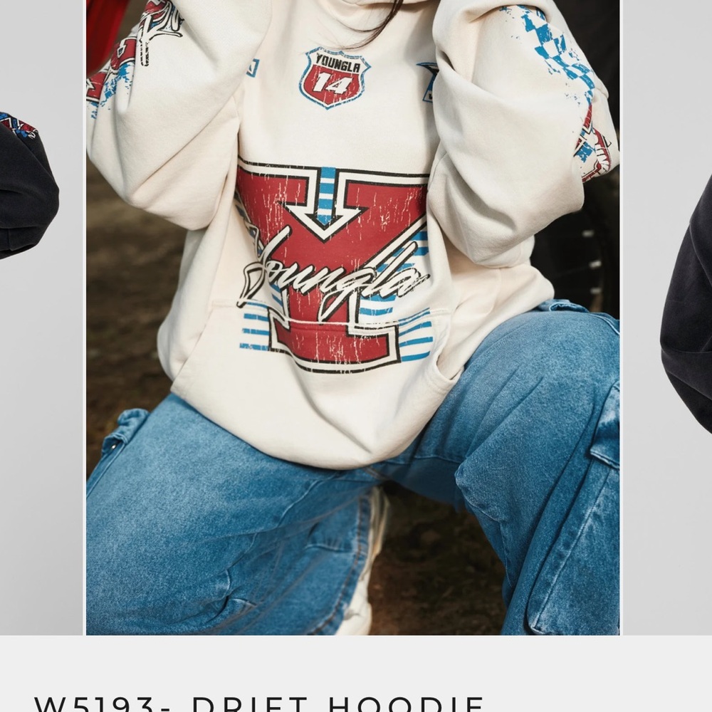 YoungLA Cream Hoodie with Red and Blue Graphics